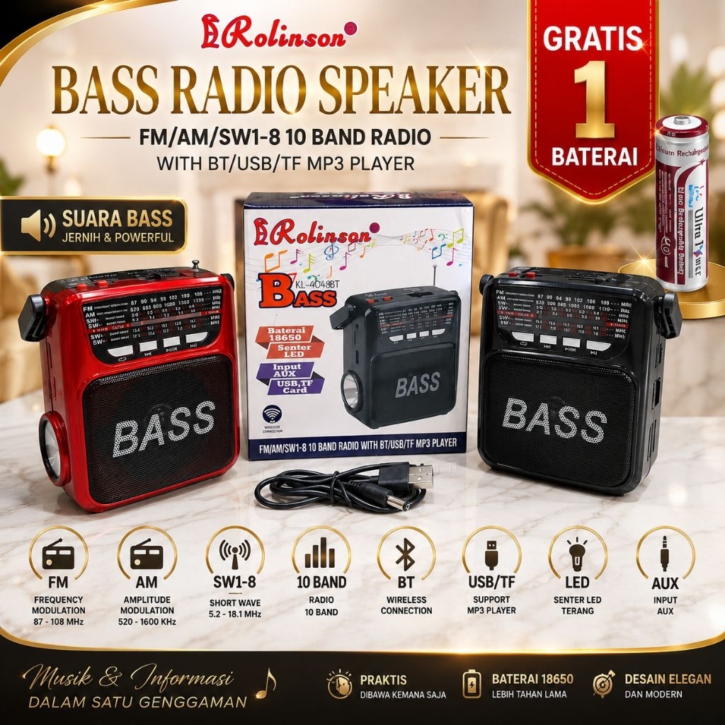 Radio kecil/Speaker Radio Bluetooth Portable Rolinson RL-4049BT Bass Merah Hitam Biru