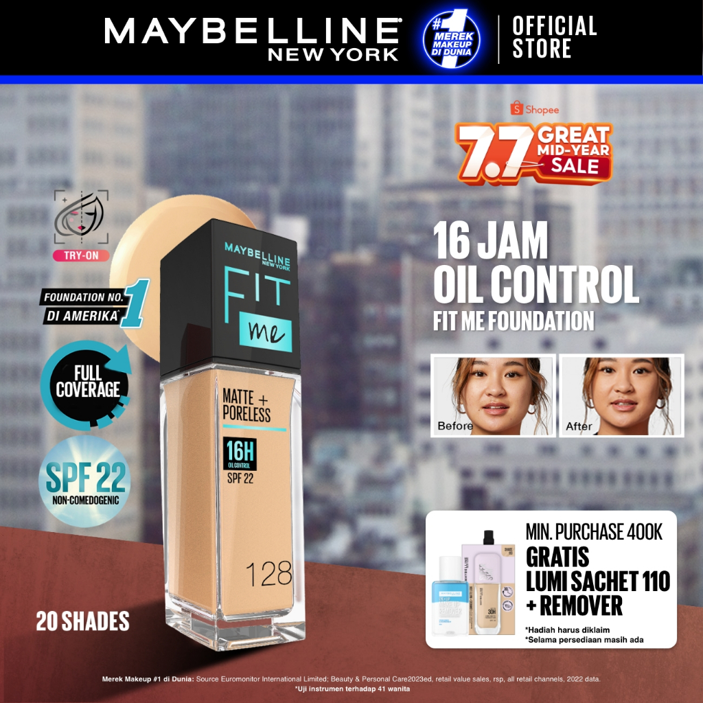MAYBELLINE OFFICIAL Fit Me Matte + Poreless Liquid Foundation Make Up 30ml SPF 22 Makeup Ringan High