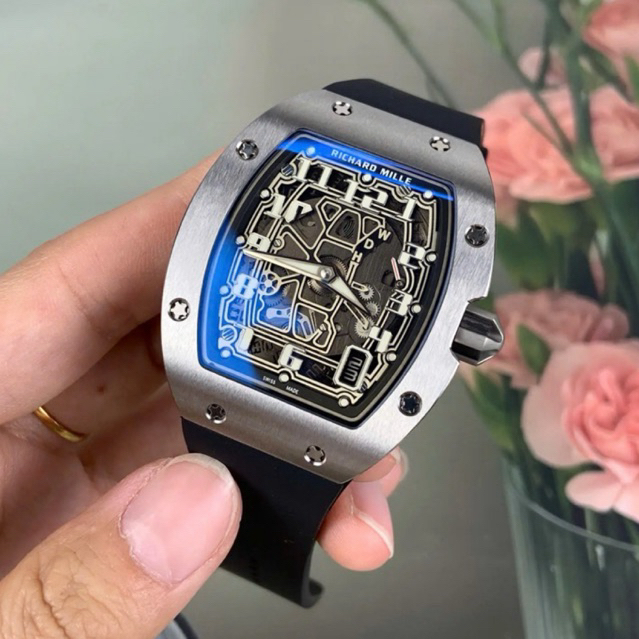 JAM TANGAN PRIA/COWOK RM67/01 EXTRA FLAT RUBBER BLACK SILVER AUTOMATIC CLONE 40mm #Jamtanganpria #Ja