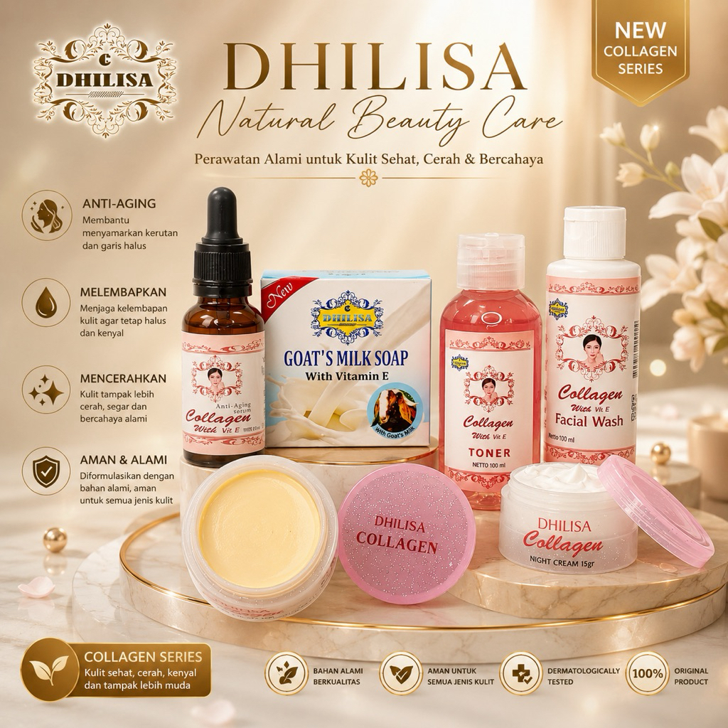 {BPOM} Dhilisa Paket Collagen Kit Skincare 6 in 1 (Cream Siang & Malam,Serum,Toner,Facial Wash,Sabun