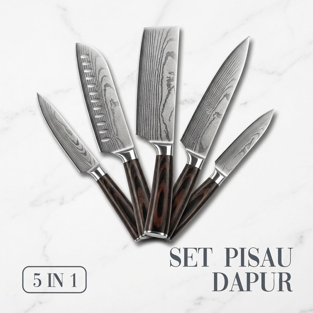Set Pisau Chef Paring Santoku Koki 5 PCS Potong Daging Bilah Damascus Pattern Kayu Stainless Steel