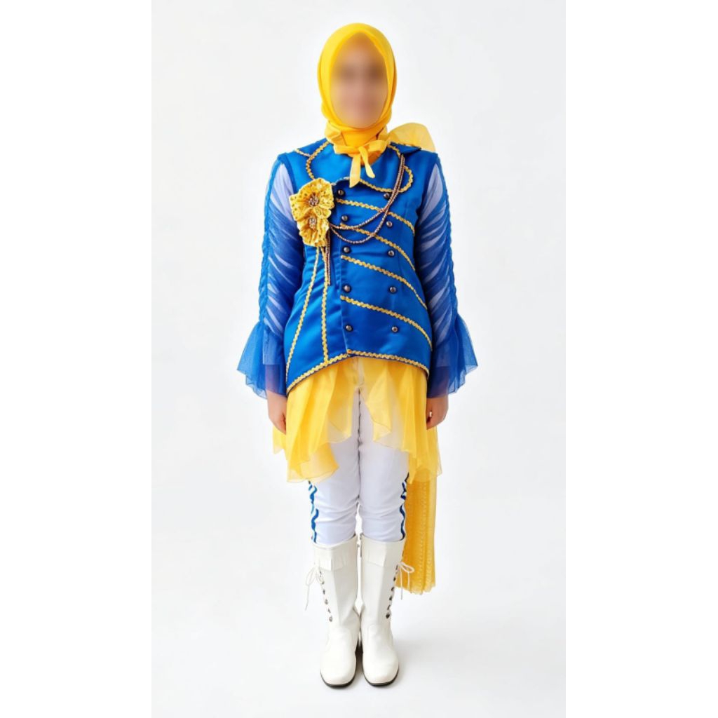 Kostum Drumband Mayoret Hijab Elegan Biru Kuning Second | Seragam Karnaval Wanita
