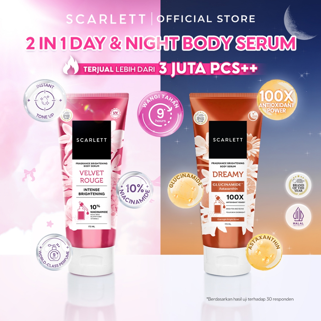 SCARLETT 10% NIACINAMIDE Fragrance Brightening Body Serum 170ml - Velvet Rouge & Purple Kiss | Inten