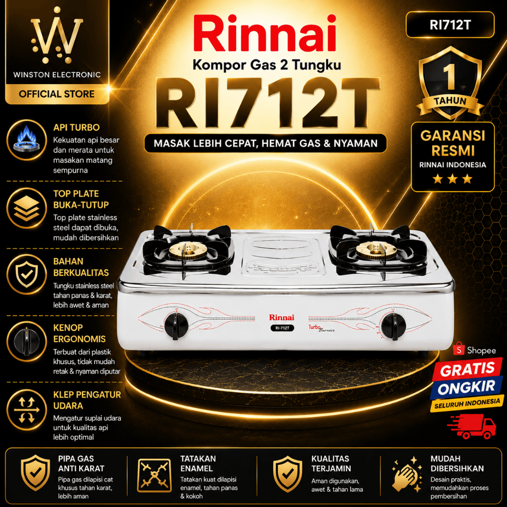 RINNAI KOMPOR GAS 2 TUNGKU RI 712 T/RI712T/RI 712-T/RI-712-T/RINNAI KOMPOR GAS ORIGINAL BERGRANSI
