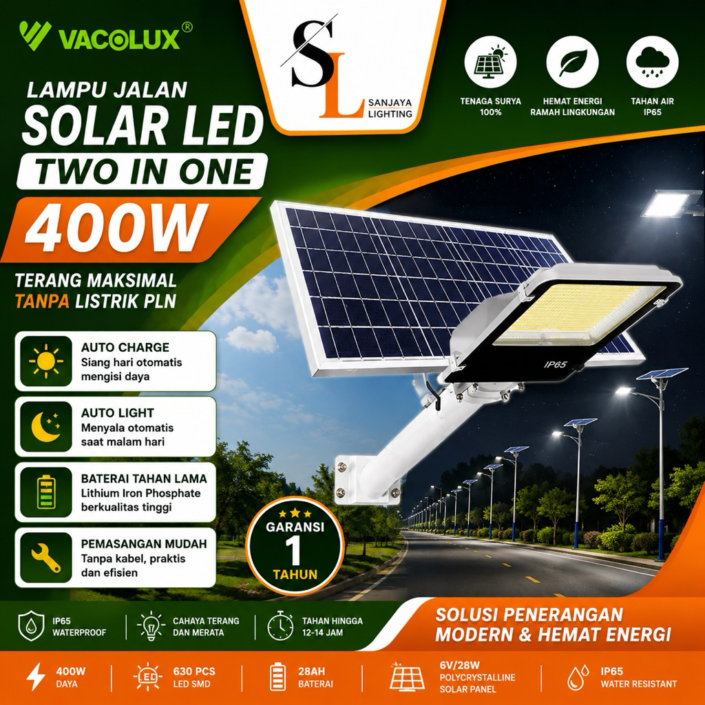 Lampu Jalan LED Solar Vacolux 400 Watt Two in one