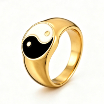 Cincin Yin Yang Emas Gaya RetroCincin Desain Yin Yang Hitam Putih