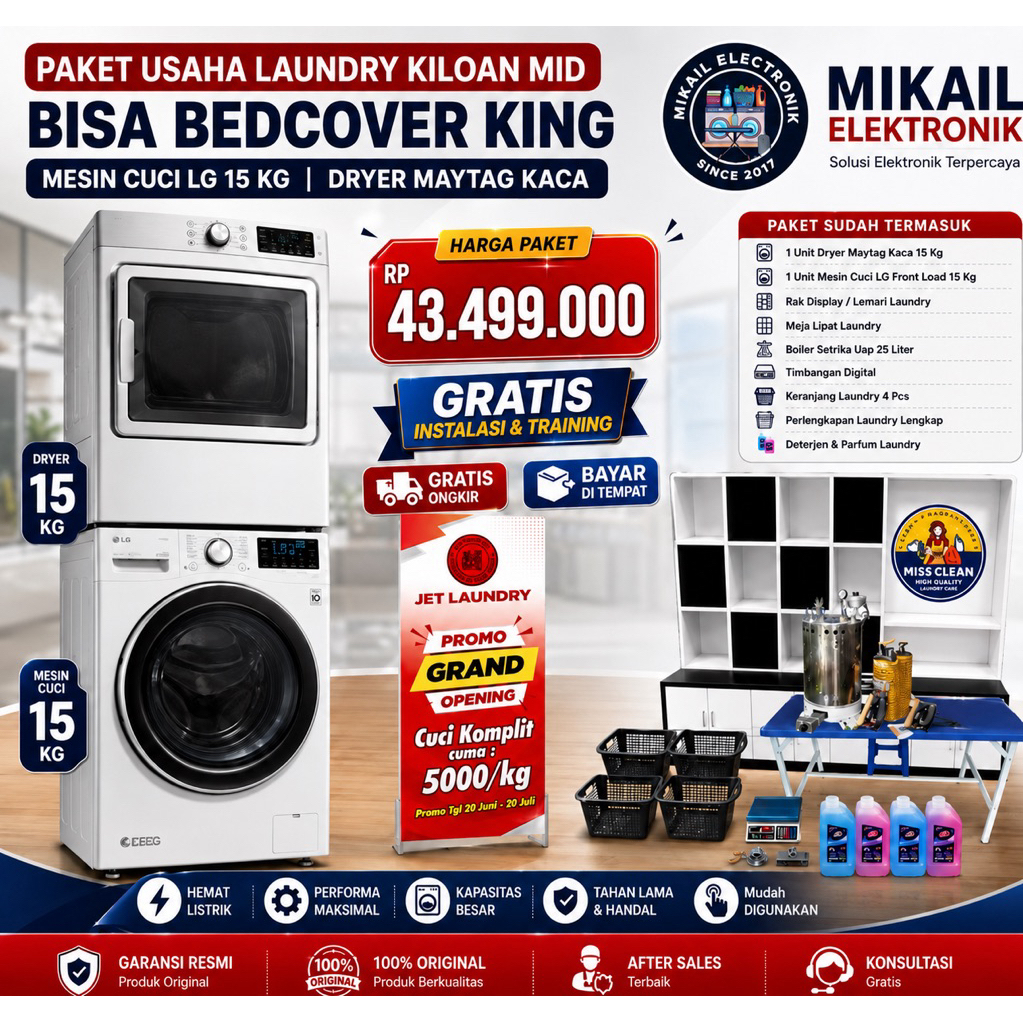 PAKET MESIN LAUNDRY KILOAN BISA BEDCOVER KING MESIN CUCI 15 KG DRYER SPEEDQUEEN KOMERSIL