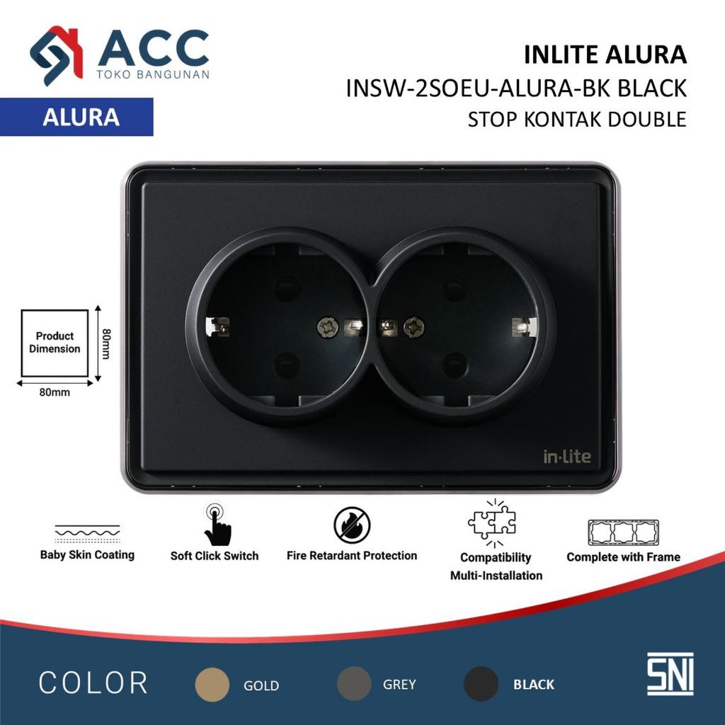 INLITE ALURA BLACK STOP KONTAK 2 LUBANG SAKLAR STOP KONTAK FRAME LISTRIK WARNA HITAM