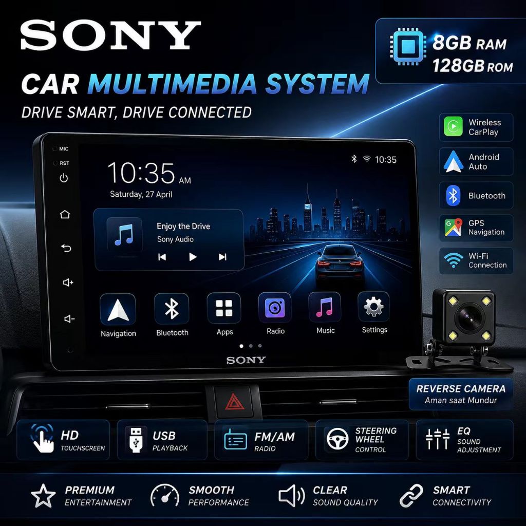 Sony 8GB+128GB Android Car Player 9/10 inch MP5 Support Carplay, Android Auto + Free Reverse Camera