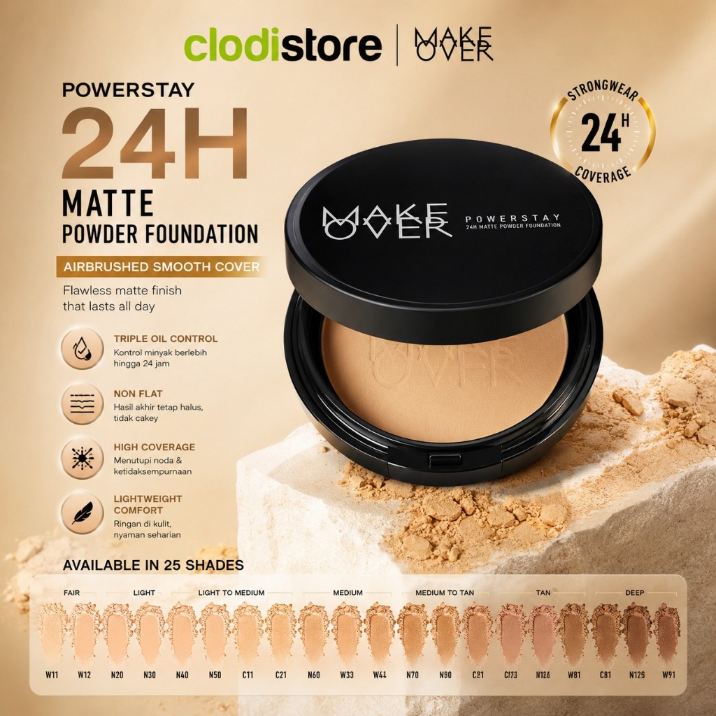 MAKE OVER Powerstay 24H Matte Powder Foundation Bedak Padat High Coverage Ringan Compact