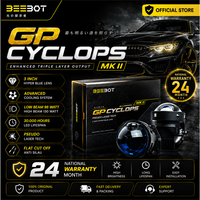 BEEBOT HEADLAMP PROJECTOR 3INCH - GP Cyclops MK II, Hi-Low 98-130W Garansi 24 Bulan