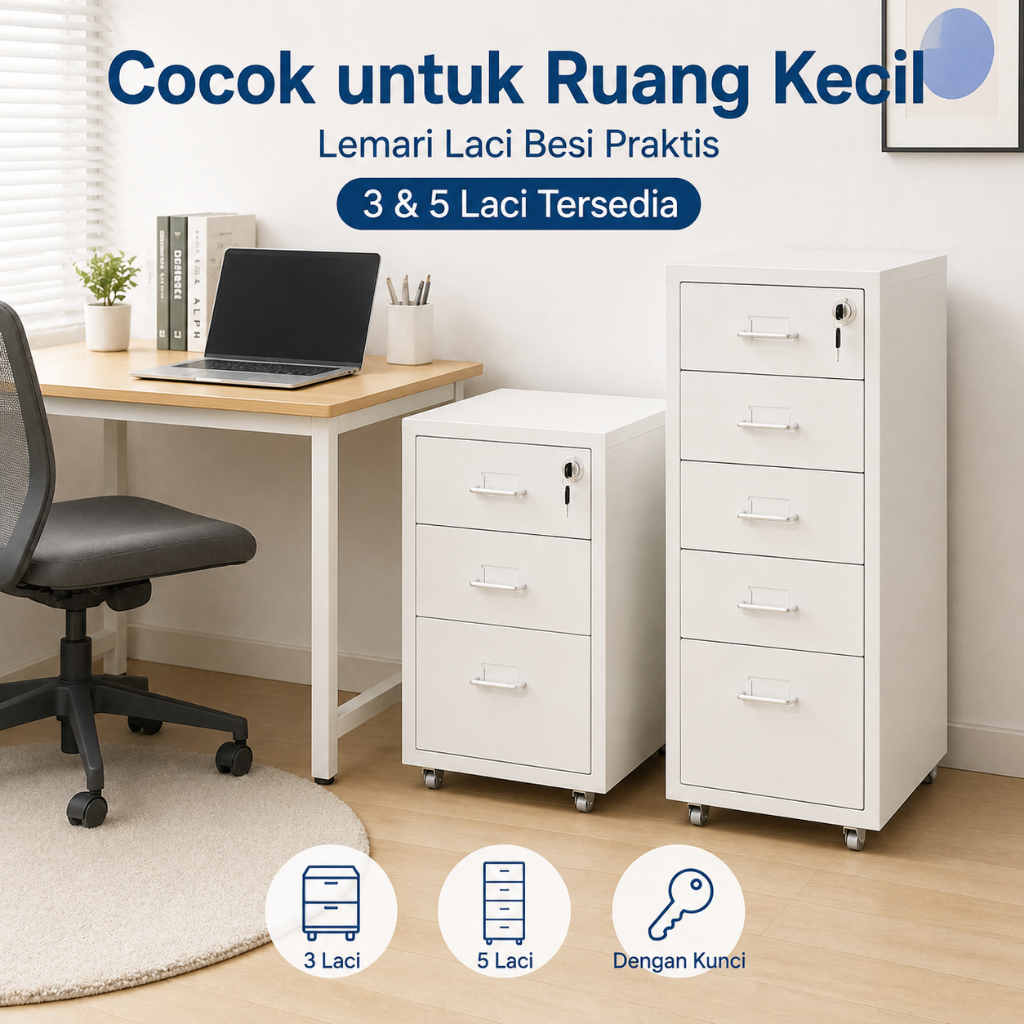 Lemari Laci Besi Kecil Beroda 3/5 Laci Dengan Kunci untuk Bawah Meja Kantor Rumah
