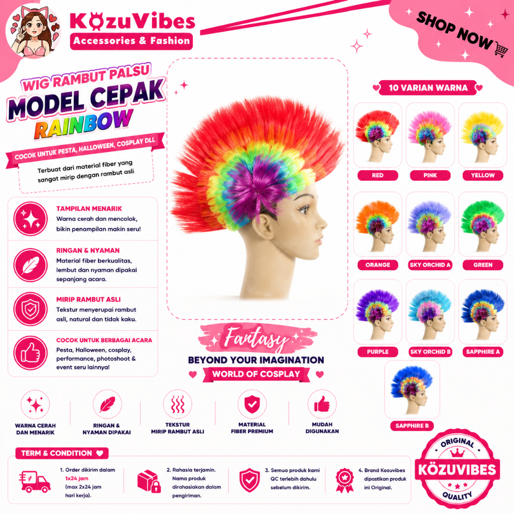 KozuVibes Wig Rambut Palsu Rambut Model Cepak Rainbow