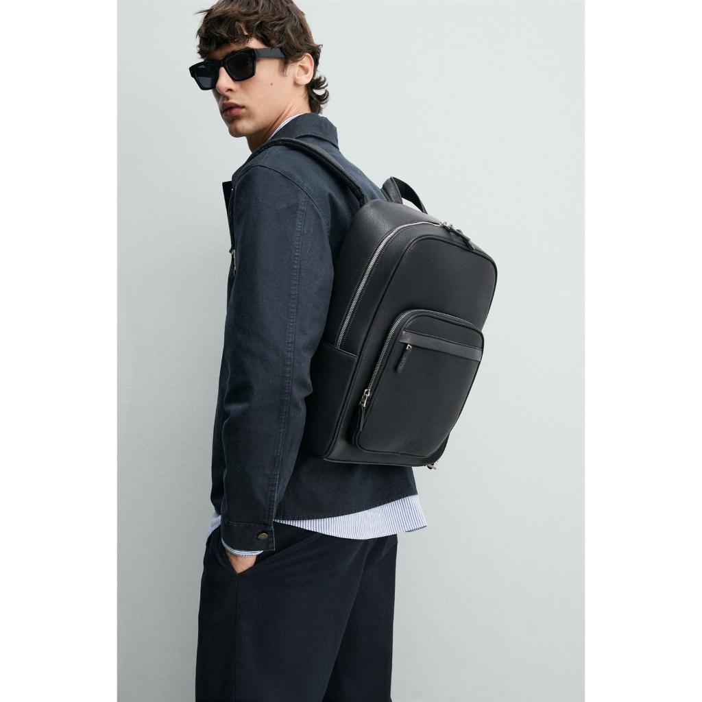 Tas Ransel Zara Man Black Monochrome Texture Backpack With Luggage Strap Black Bag Hitam Original