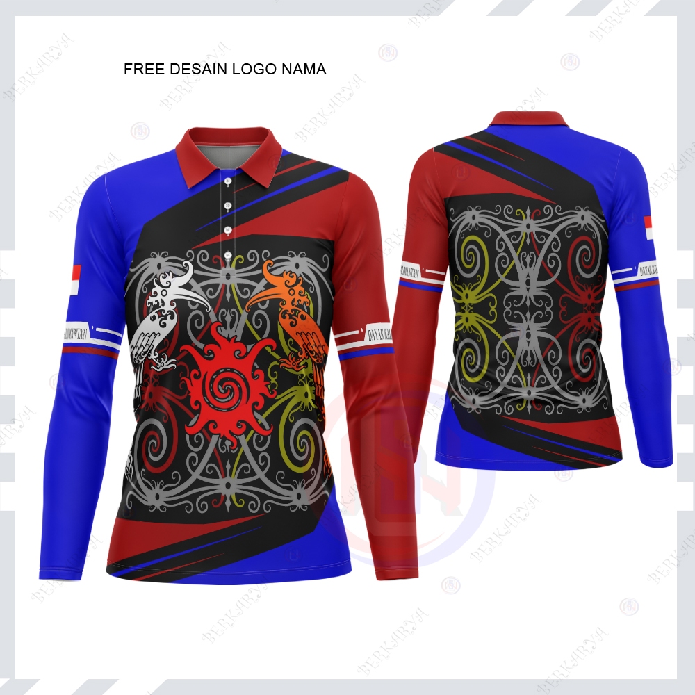 Baju Kaos Berkerah Lengan Panjang Tema Batik Dayak Kalimantan Fullprinting
