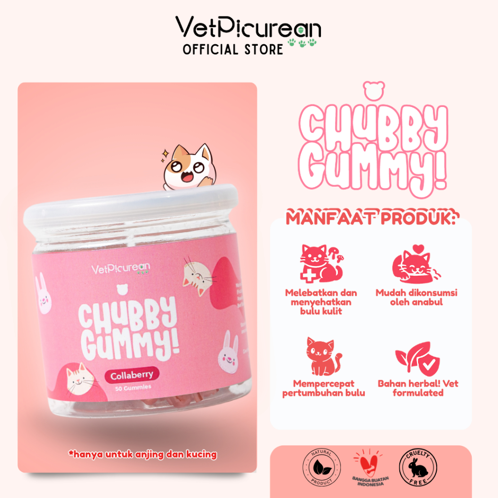 Vetpicurean Chubby Gummy Collaberry | Vitamin Anjing Kucing untuk Pelebat Bulu, Anti Rontok & Jamur