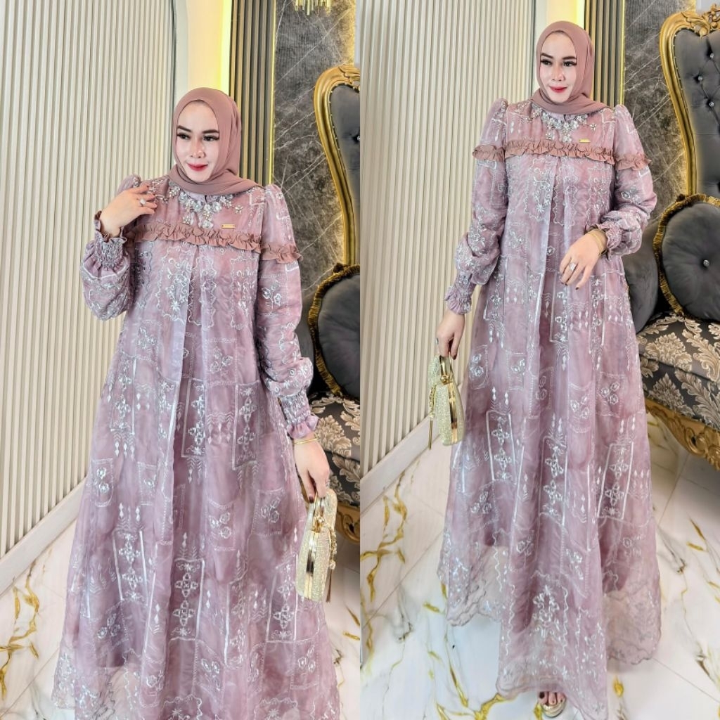 Zifa Fashion || Cod || Gisella Dress Free Pashmina || Gamis Set Hijab Modis Populer || Gamis Organza