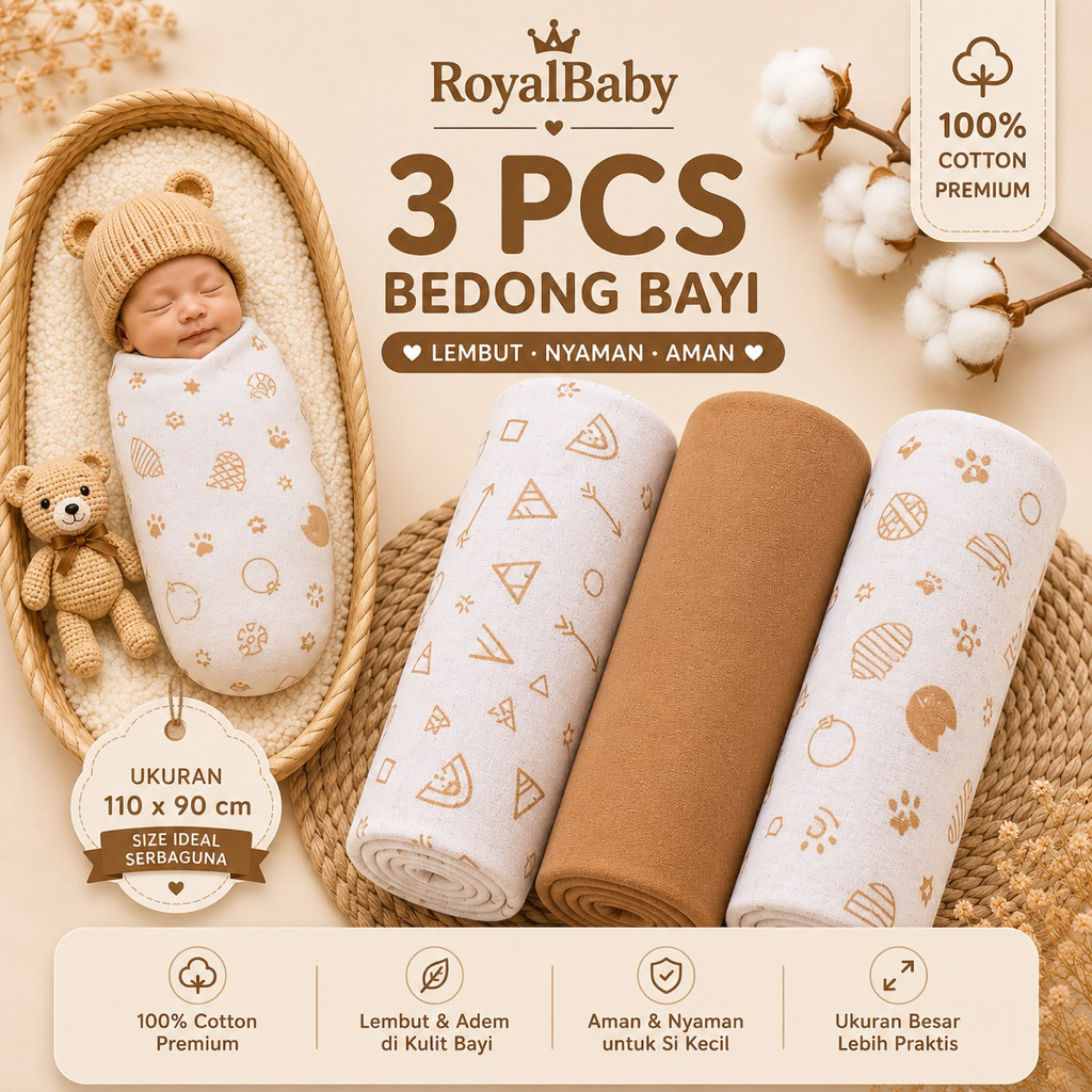 Bedong Bayi Jumbo RoyalBaby Coksu 3 PCS | Bedong Bayi Katun Muslin Premium 110x90 cm | Selimut Bayi 