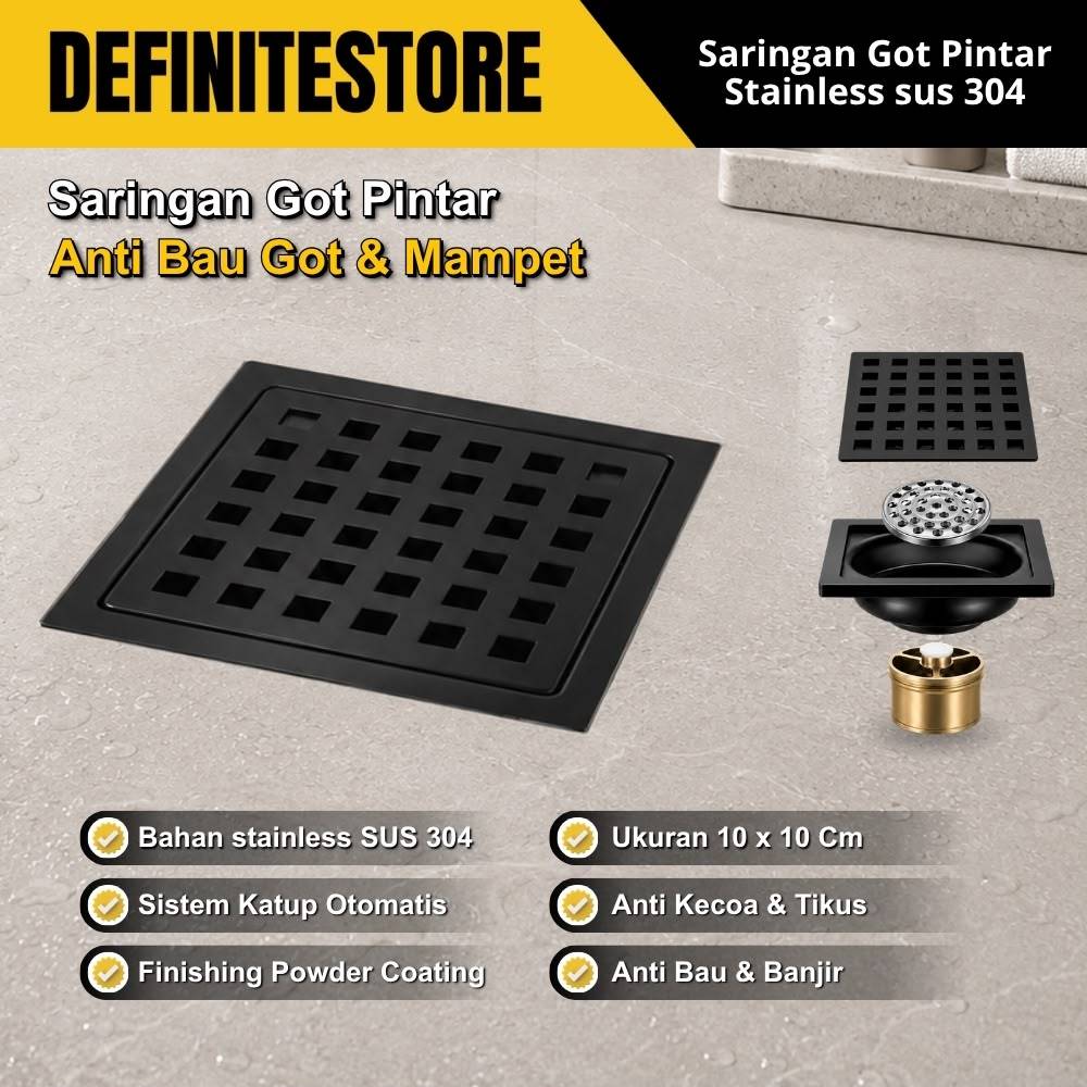 Saringan Got Stainless Floor Drain Hitam 10 x 10 CM Stainless SUS 304 Katup Otomatis 4 Inch Saringan