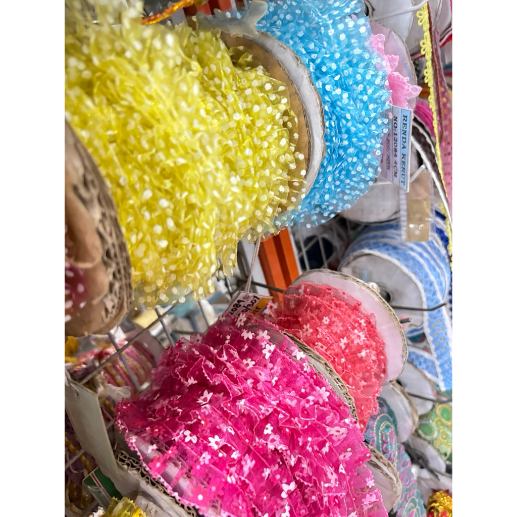 (Meteran) Renda Kerut 12084 /Renda Kerut Bunga,Payet & Polkadot / Renda Kerut Motif Polkadot Dan Pay