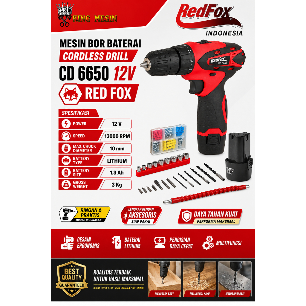 BOR BATERAI REDFOX CD6650 12V CORDLESS DRILL 2 BATERAI LITHIUM MESIN BOR CAS SET LENGKAP
