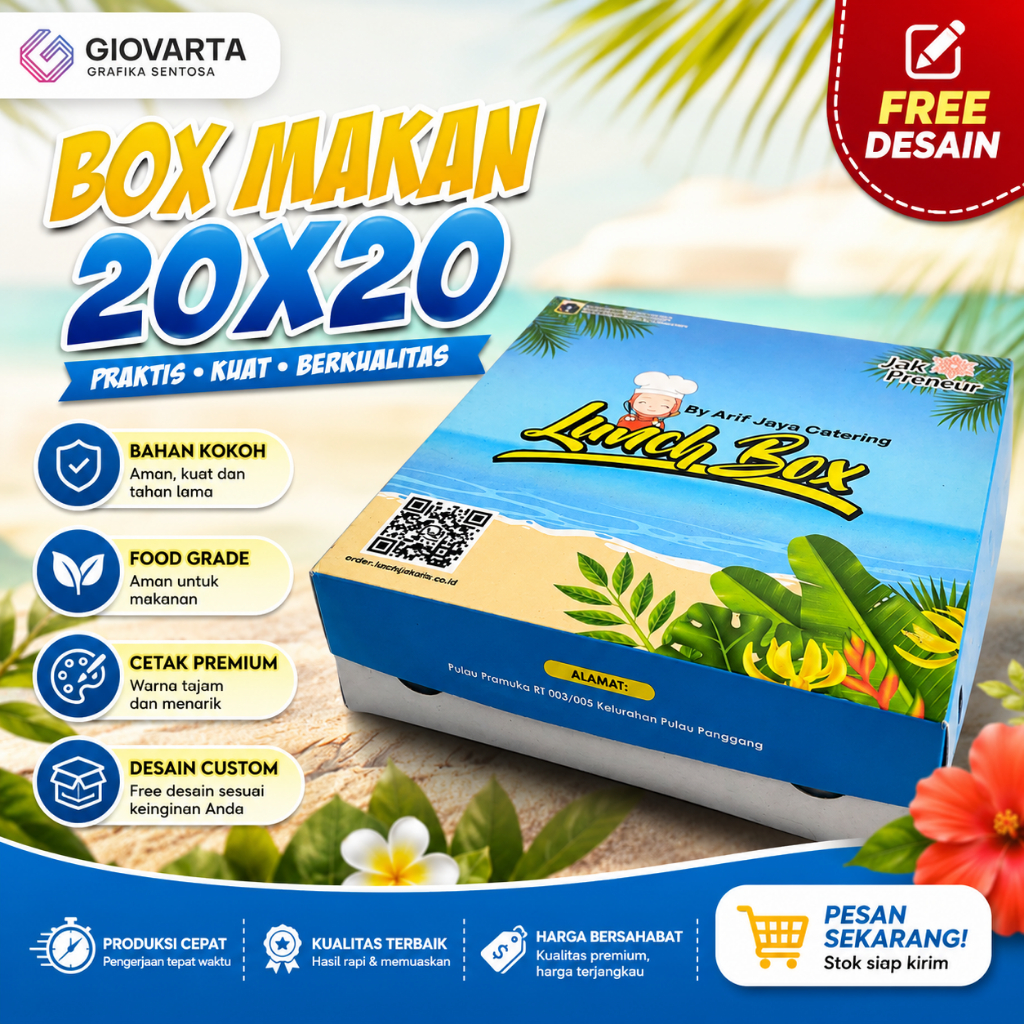 Box Makanan / Paper Box / Lunch Box Paper  Custom Desain Ukuran 20x20 Tutup Setengah