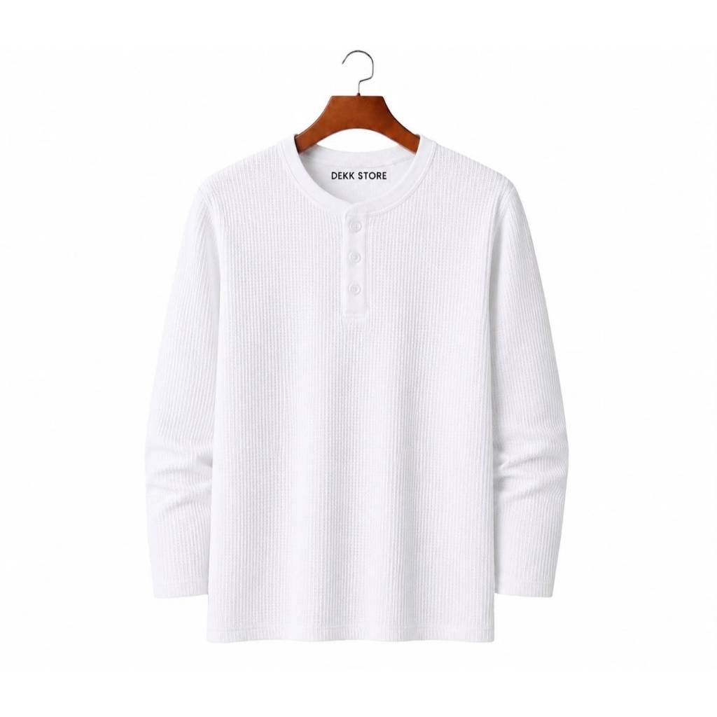 KAOS KANCING HENLEY WAFFLE KNIT LENGAN PANJANG/KAOS KANCING KNIT PRIA POLOS