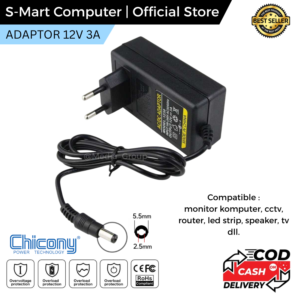 Adaptor AC/DC 12V 3A Hitam, Kompatibel Monitor, CCTV, Router, Speaker, TV