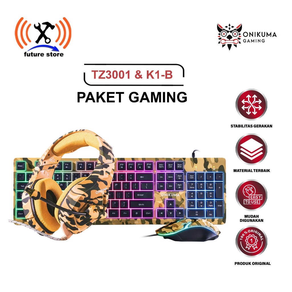 ONIKUMA PAKET GAMING 3 IN 1 TZ3002 DENGAN K1-B KAMUFLASE ABU-ABU GAMING SET ORIGINAL - SET PERLENGKA