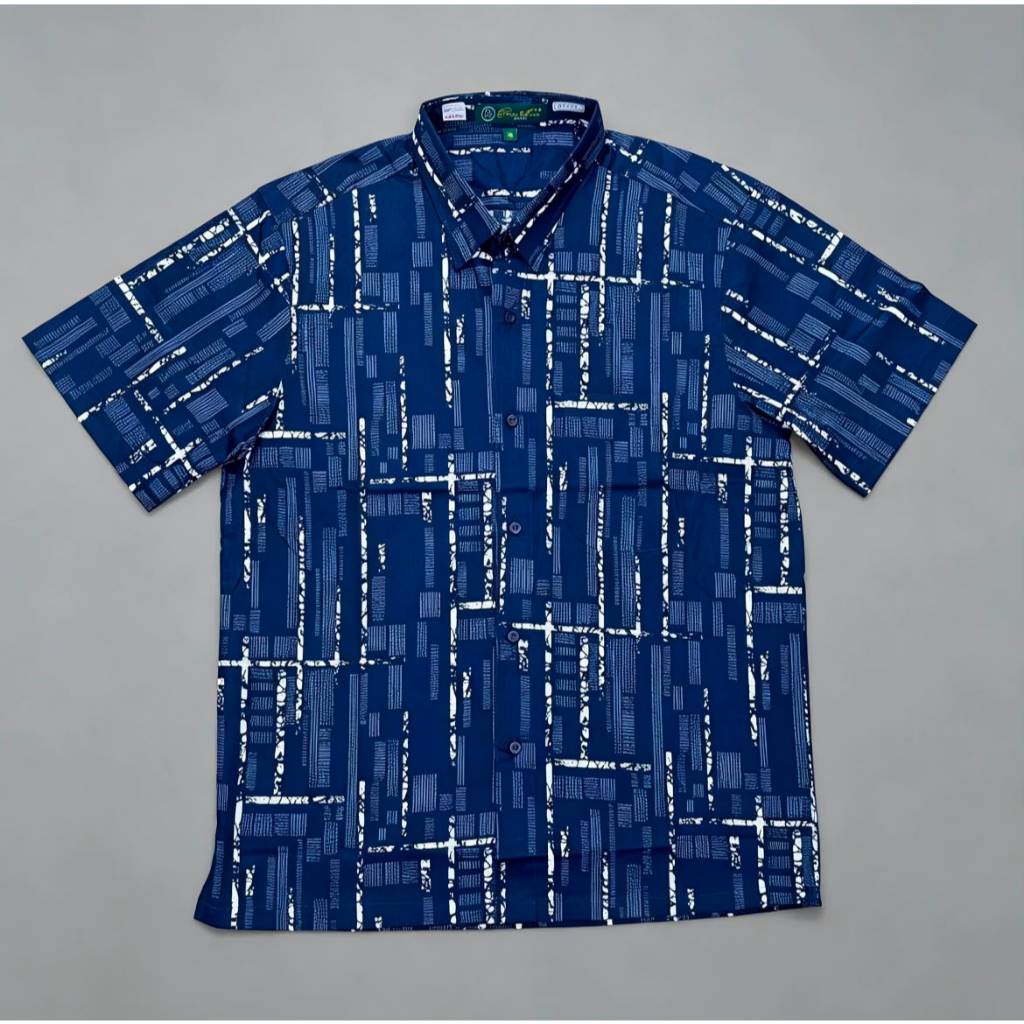 Kemeja Batik Lengan Pendek Biru Dongker Motif Geometris Kancing Depan Pria