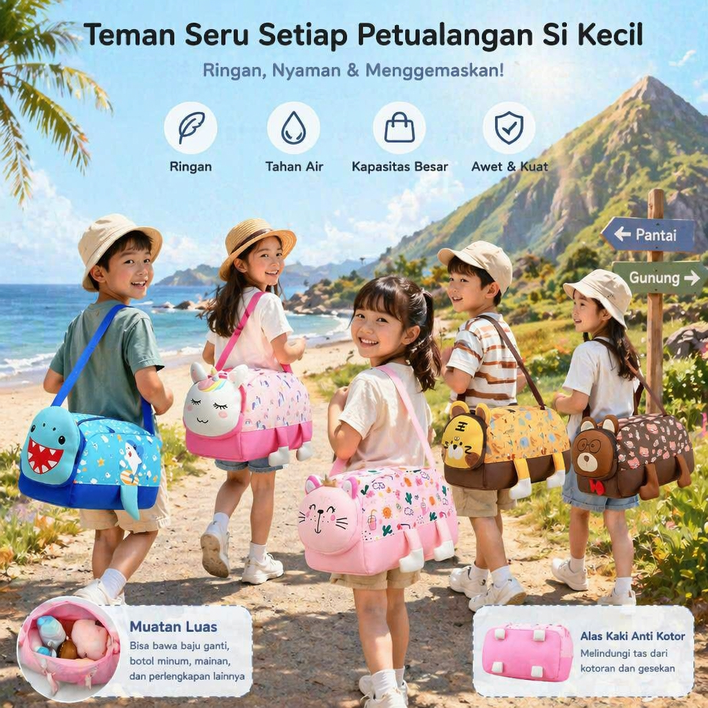 Tas Travel Anak Karakter Hewan Lucu Duffel Bag Anti Air Waterproof Selempang Jinjing Slempang Hand Carry Kapasitas Besar Koper Pakaian Liburan Renang Mudik Cowok Cewek TK SD Balita Hiu Unicorn Kucing Macan Beruang cartoon sports swimming storage shoulder