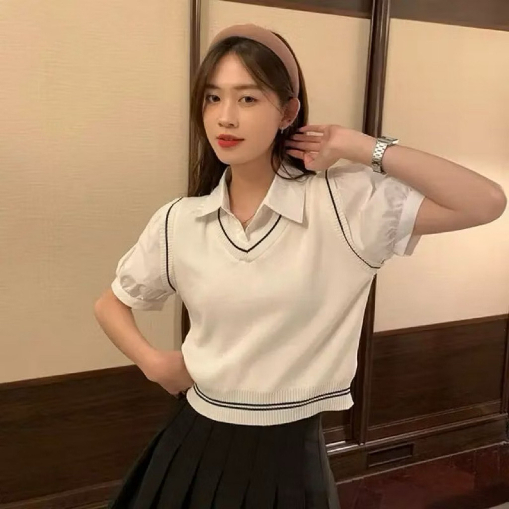 Vest Rompi Rajut Atasan Sweater Outer Top V-Neck Soft Knit Crop Korean Style