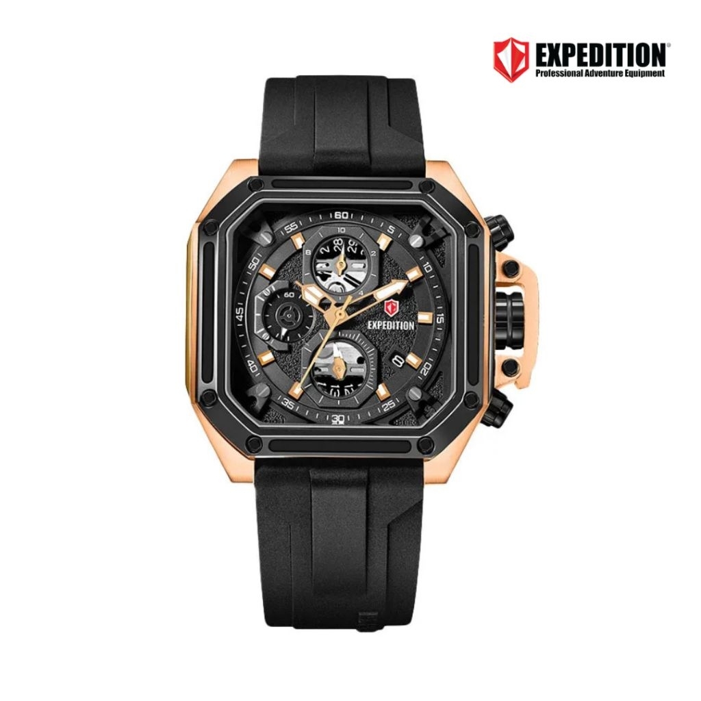 Jam Tangan Pria EXPEDITION E6812M Black Rosegold Rubber Strap