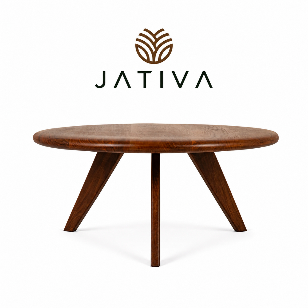 JATIVA Meja Tamu Bulat Kayu Mahoni Solid Minimalis Modern Coffee Table 90 cm Handmade Jepara