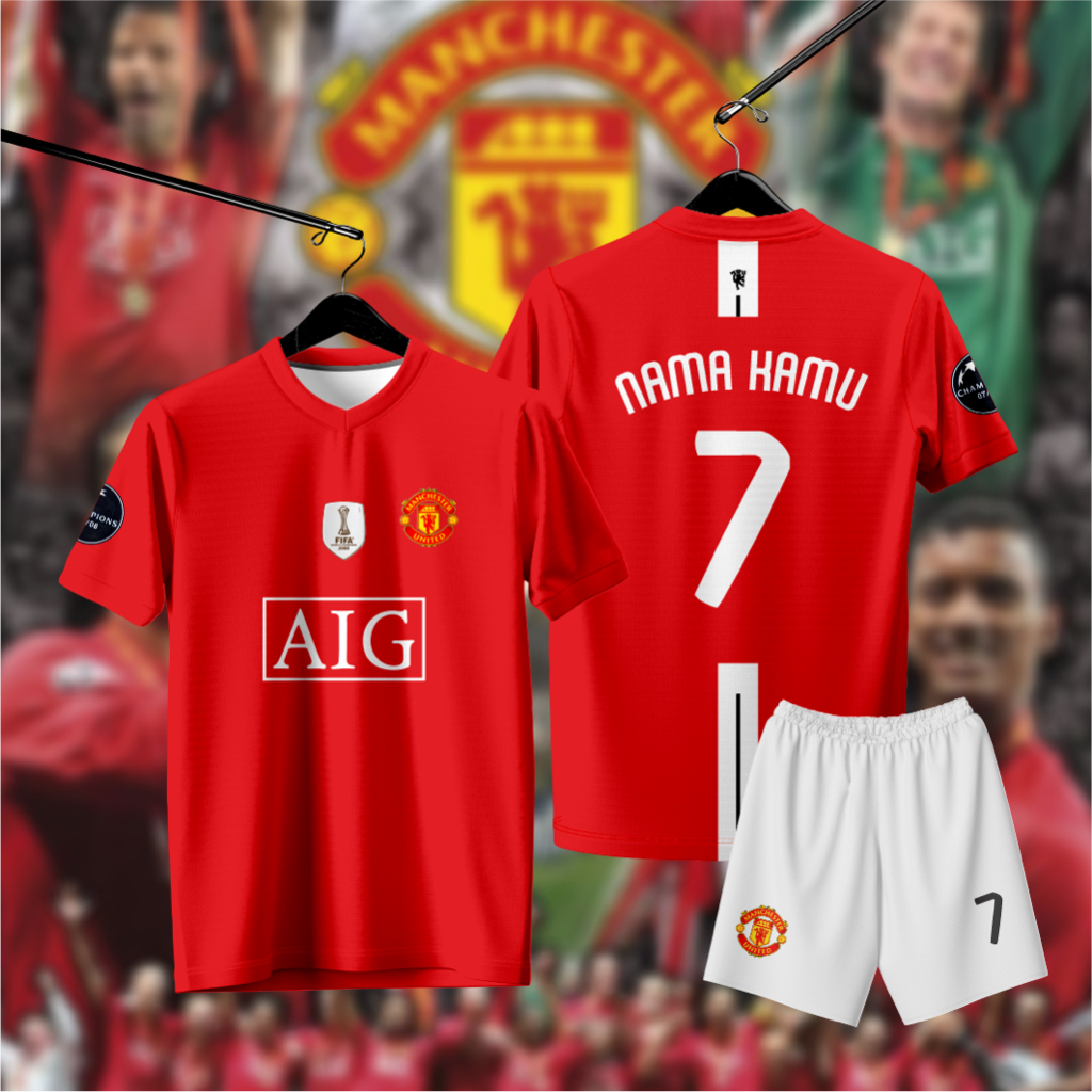 Jersey Mu 2008 Final Ucl Home Merah Dryfit Premium, Custom Nama & No Punggung