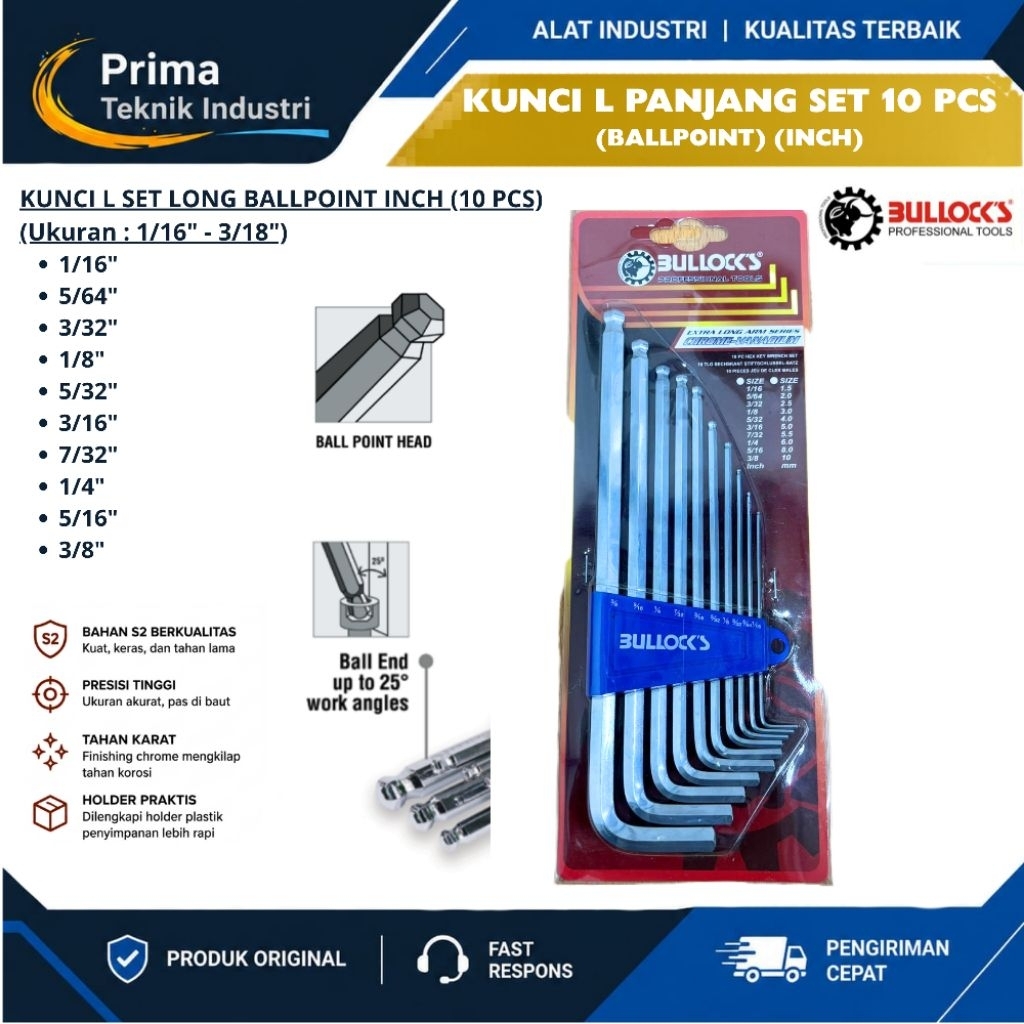 Kunci L Set Long Ballpoint Bullock's Inch 1/16" - 3/8" (10Pcs)