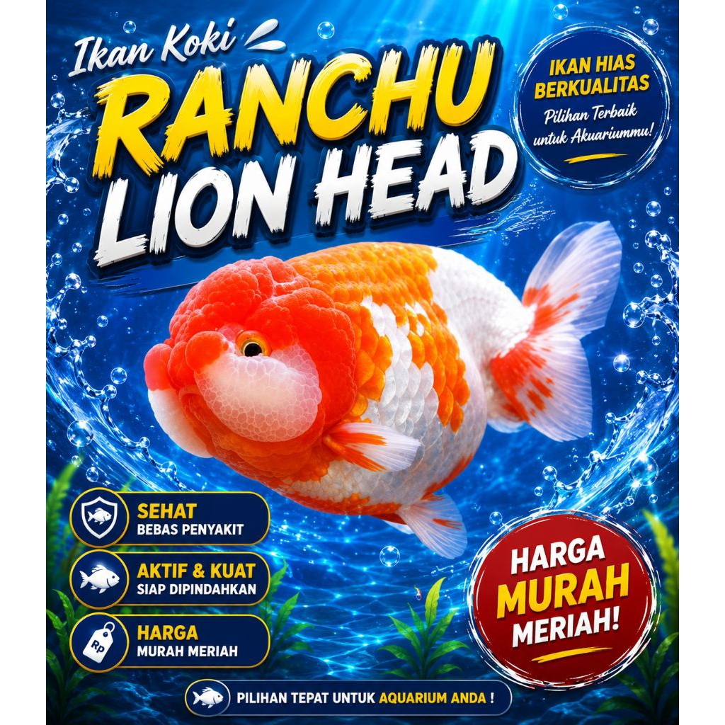 ikan koki ranchu red white lion head