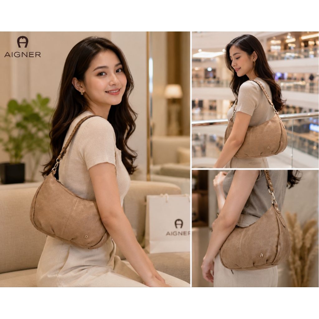Aigner Hobo Bag Beige Original – Kulit Asli