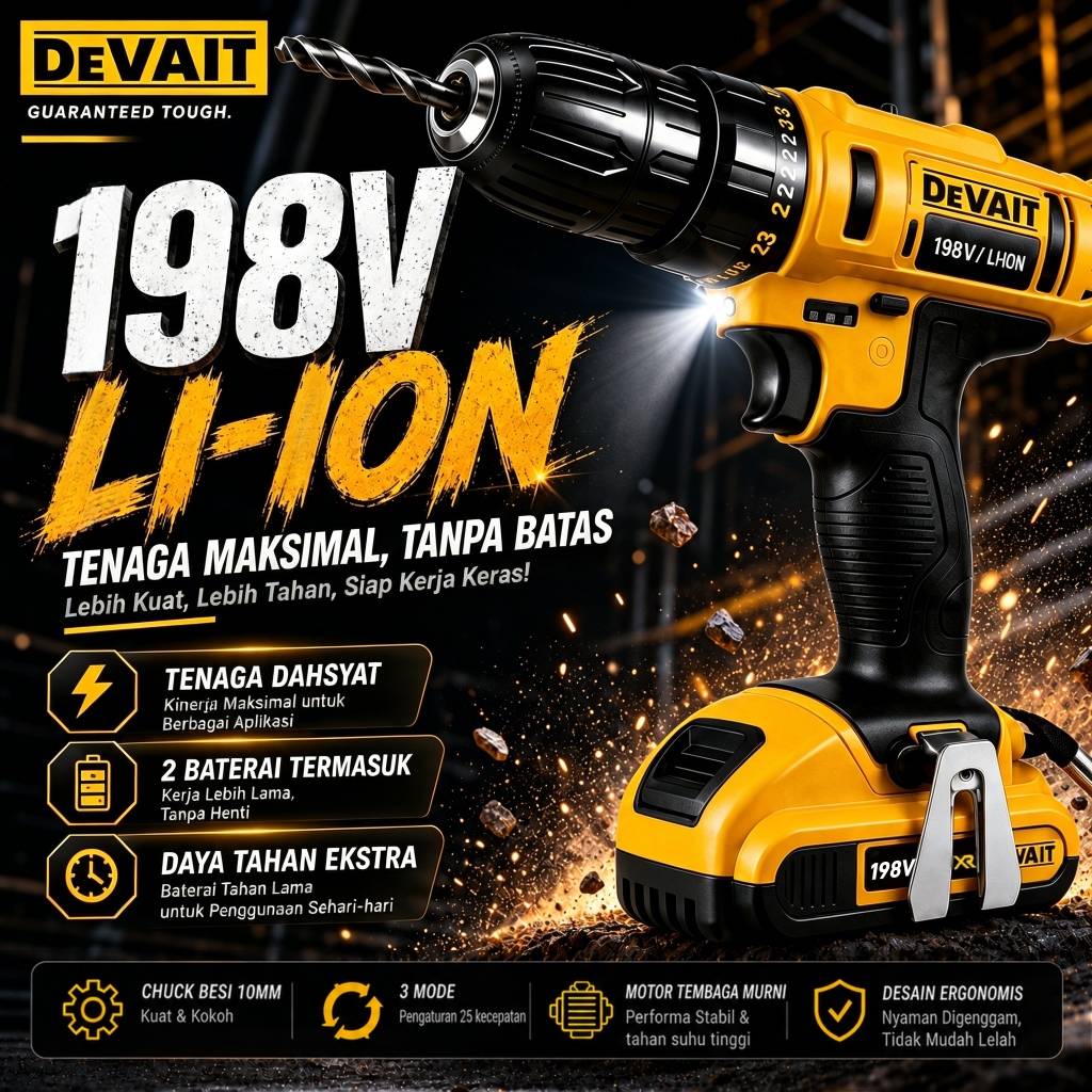 DEWALT Mesin Bor Baterai Cas 2Baterai Promo 10mm Bor Impact Fullset Tanpa Kabel Listrik Murah Multig