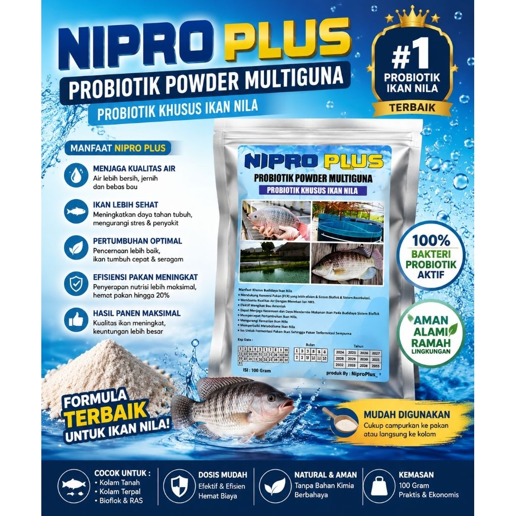 Probiotik Nila NIPROplus 1 saset Probiotik Ikan Nila/budidaya ikan nila /Bioflok /konvensional/kolam