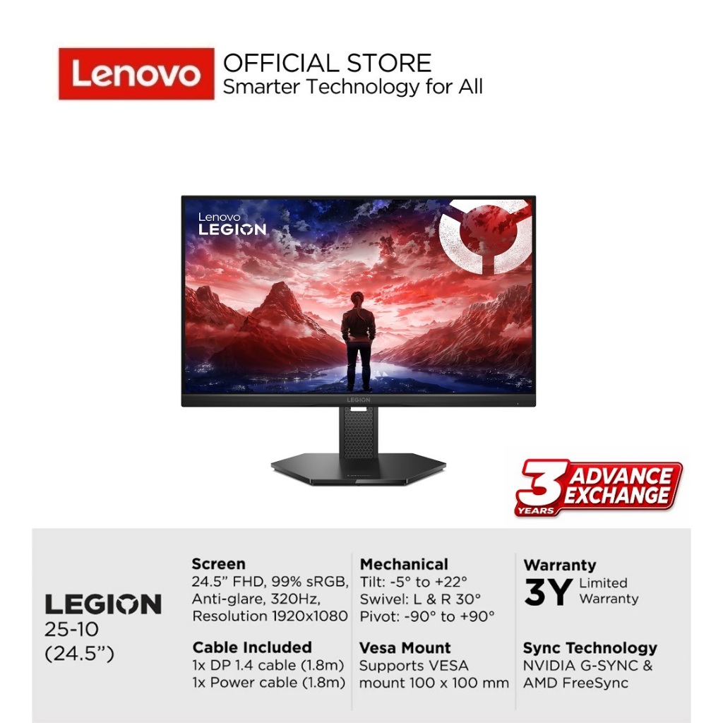 Lenovo Monitor Legion 25-10 320Hz 1920x1080 24.5" Bracket NVidia G-SYNC Include Asuransi