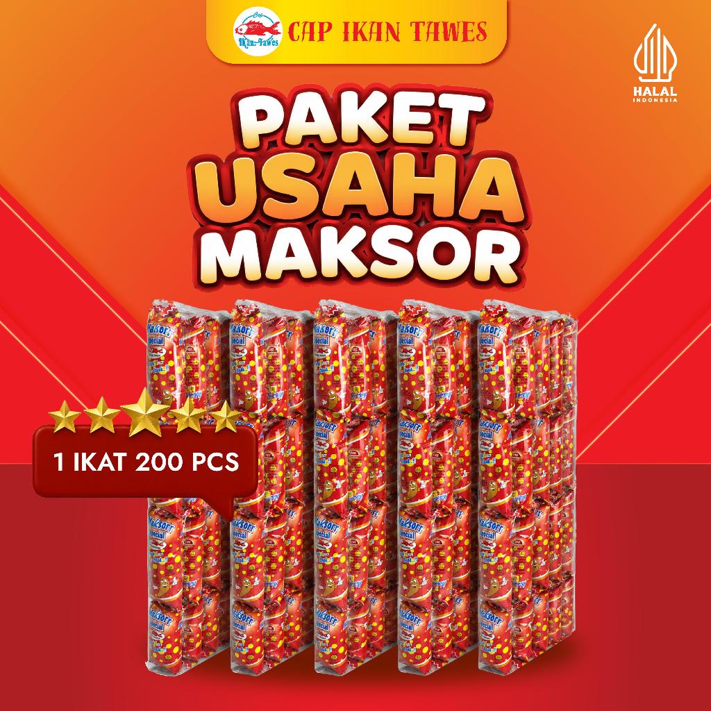 [PAKET USAHA 5 BALL] Maksorr 200 Pcs Makaroni Cap Ikan Tawes Kemasan Merah Jajanan Warung