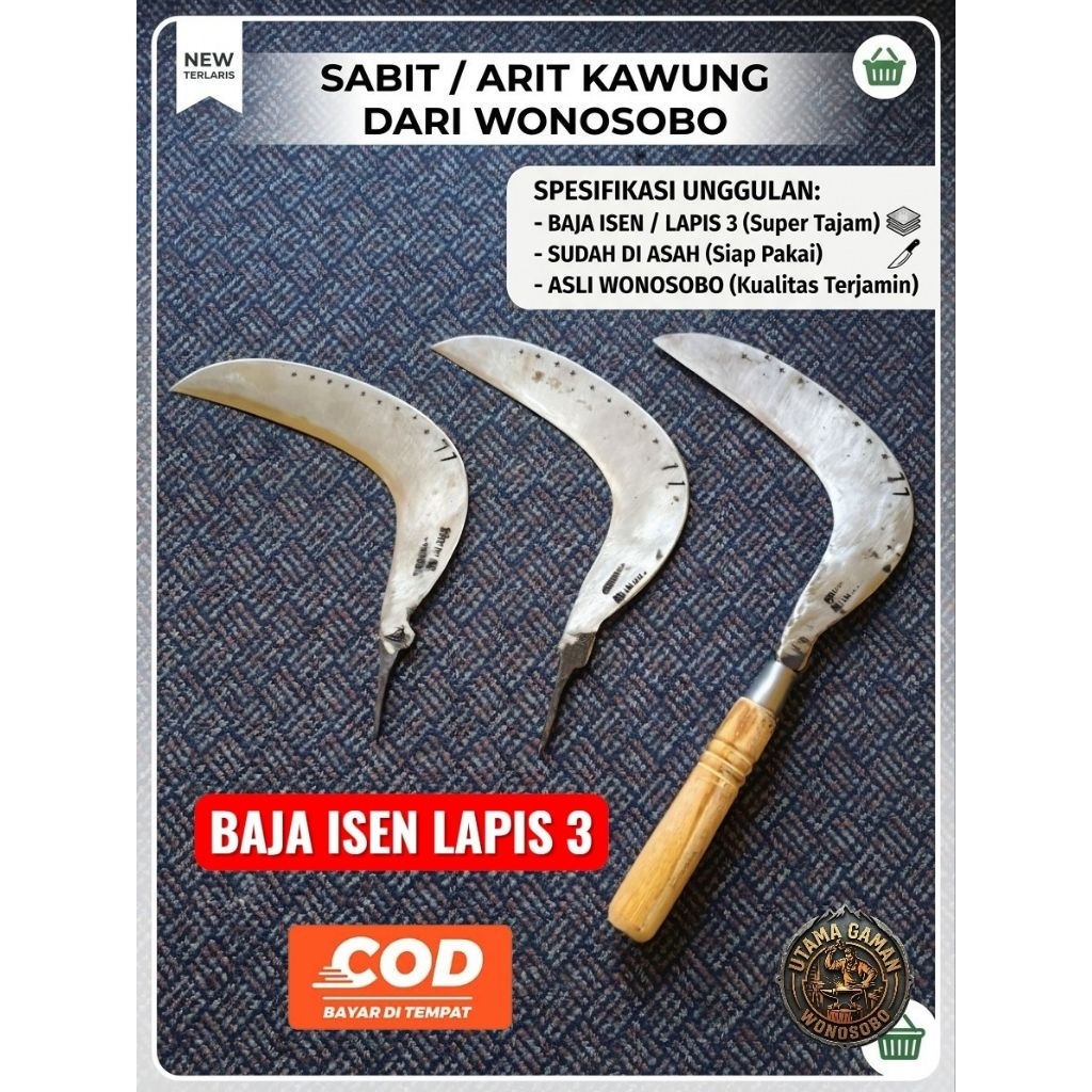 Sabit Arit Kawung Baja Isen Lapis 3 Super Tajam, Asli Wonosobo, Siap Pakai