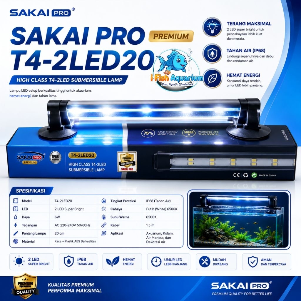 SAKAI Pro Lampu Aquascape T4-2LED20 Warna Putih Biru 2 LED Super Bright IP68 Tahan Air Hemat Energi 