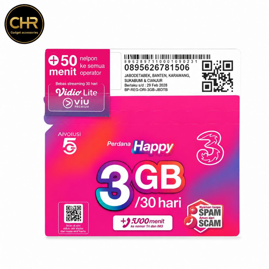 Kartu Perdana 3 Tri Kuota 3Gb 30 Hari Aktif Siap Registrasi Internet Murah