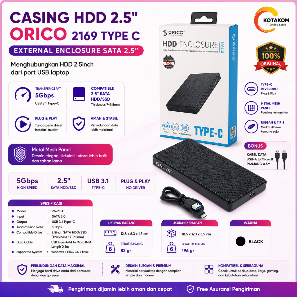 CASING HARDDISK ORICO 2169C3 2,5" SATA 3.0 ENCLOSURE USB TYPE -C BLACK
