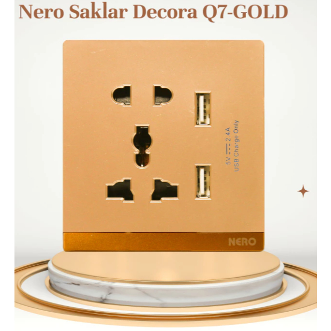 Nero Stop Kontak + USB Decora Gold Q791-G / StopKontak International + USB Nero Decora Gold