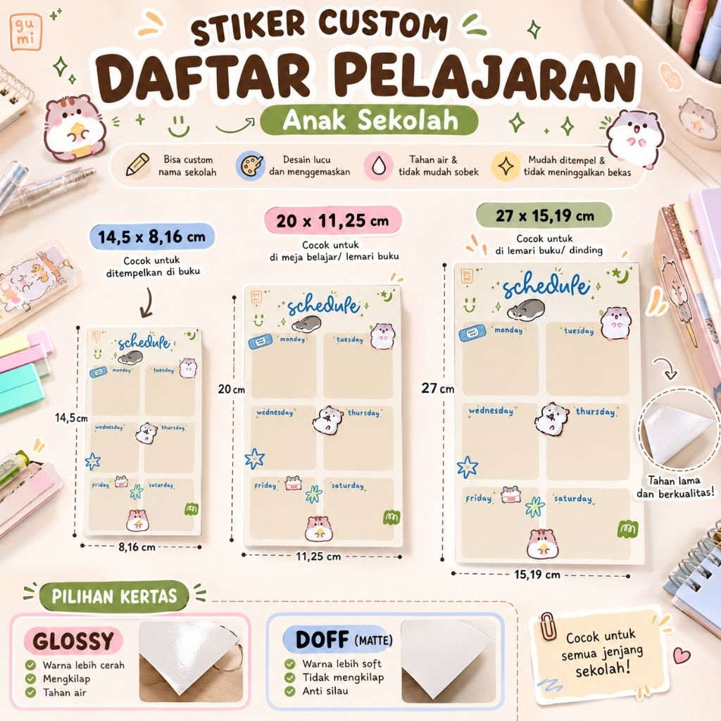 Stiker Jadwal Pelajaran Custom Anak Sekolah | Jadwal Belajar Custom Nama | Stiker Meja Belajar | Glo