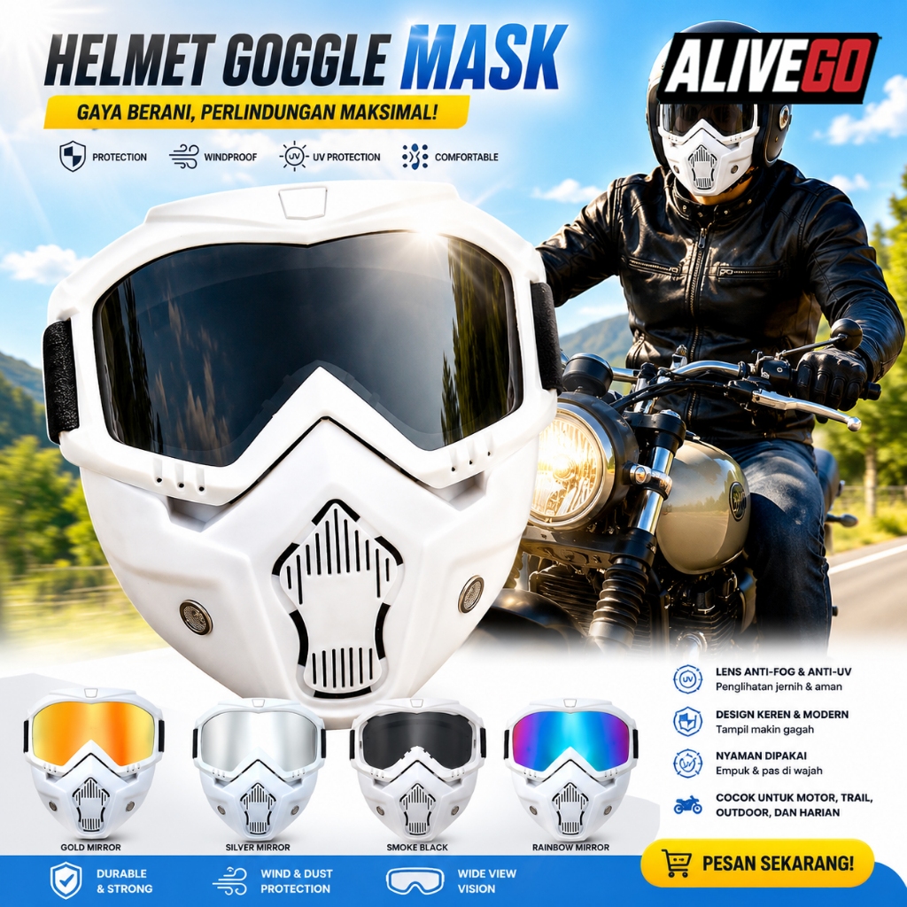 TaffSPORT Kacamata Goggles + Mouthpiece Masker Full Face Helem Goggle Mask Helm Gun Ski Motor Cross 