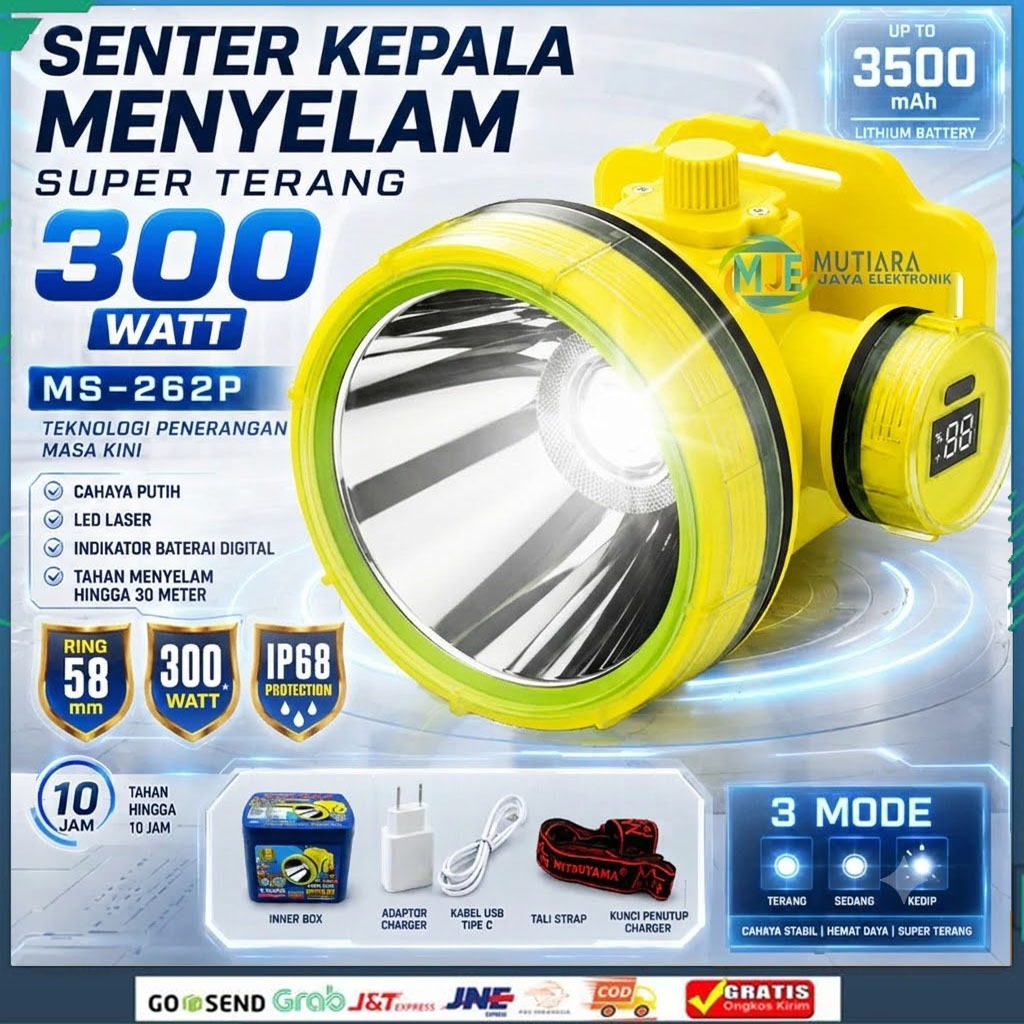 senter kepala selam MITSUYAMA MS-262P 300W dengan indikator baterai digital - cahaya terang